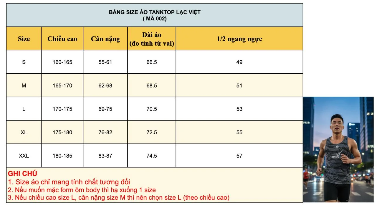 Bảng size áo tanktop Lạc Việt TR3