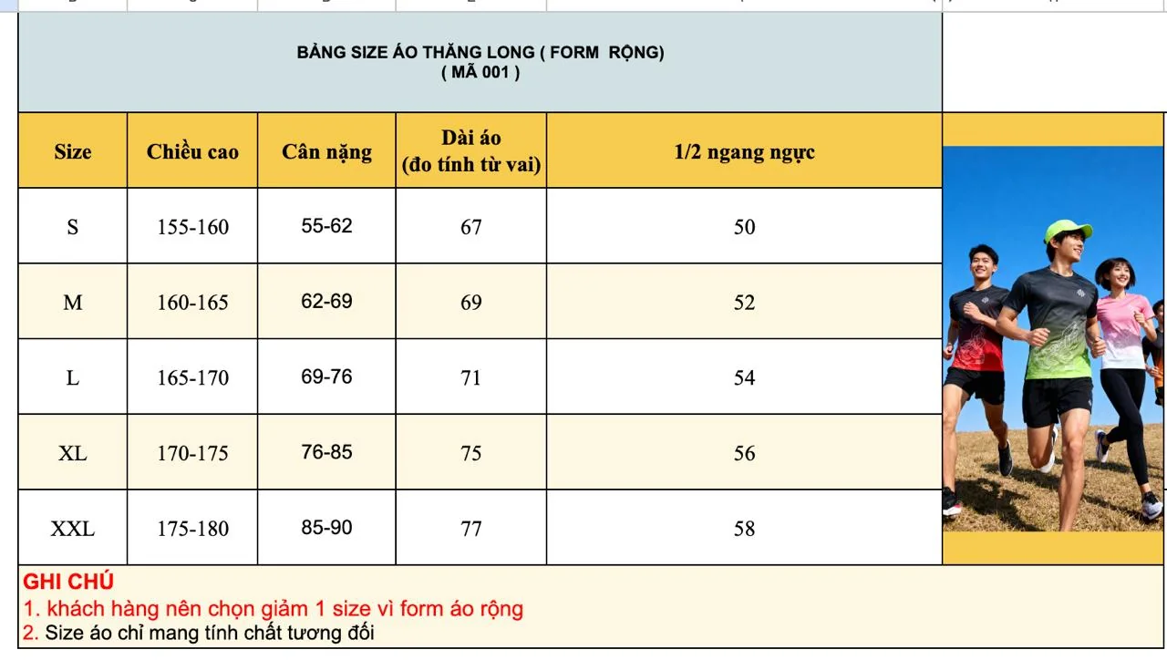 Bảng size áo Rồng Thăng Long form rộng TR3